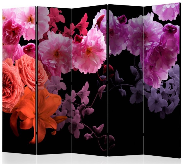 Paraván fialovorůžové květy na černé 5ti dílný gallery main image